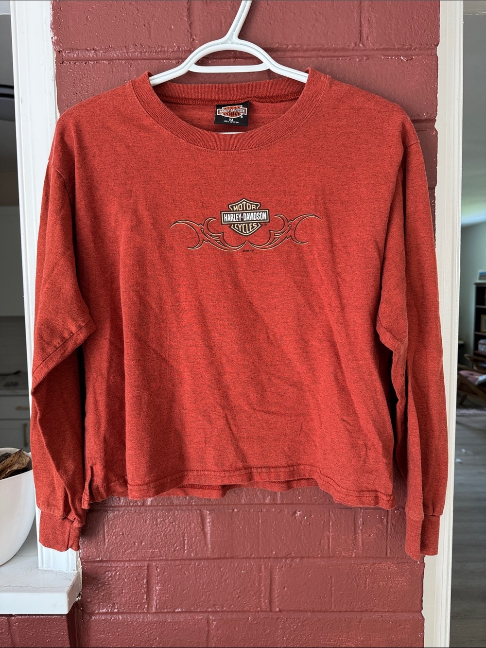 Harley-Davidson 100% Cotton Crewneck Cropped Long Sleeve in Burnt Orange Medium